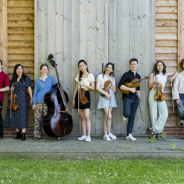 Junge klassische Musiker mit ihren Instrumenten vor einem Gebäude aus Holz